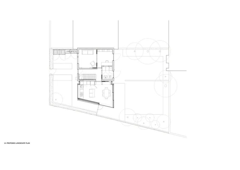 Floor plan drawing showing an angular two-story residence with central staircase and surrounding landscape terraces