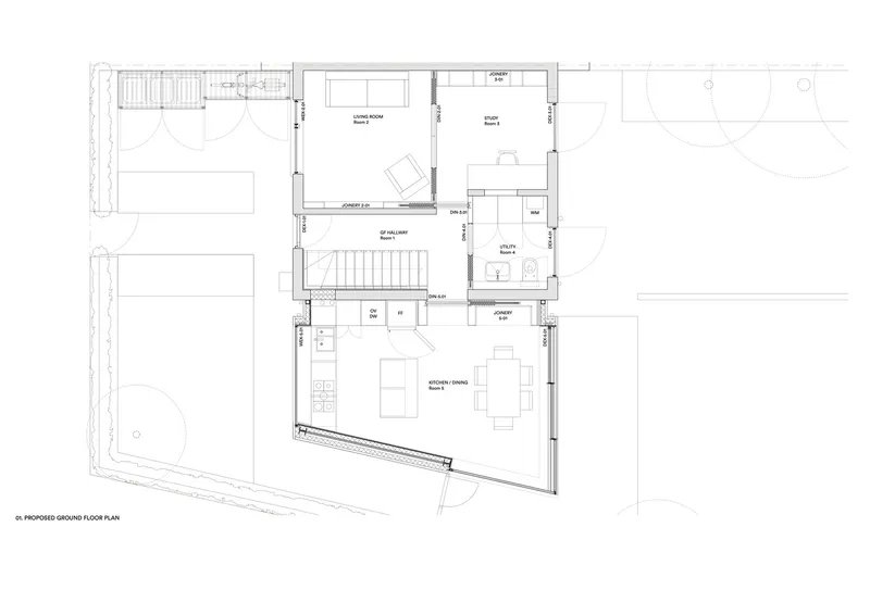 Ground floor plan drawing displaying living room, kitchen, dining areas and angled glass wall opening to terrace