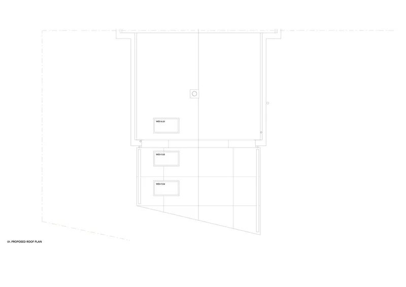 Roof plan drawing indicating rooftop terrace and three mechanical service areas along the angled edge