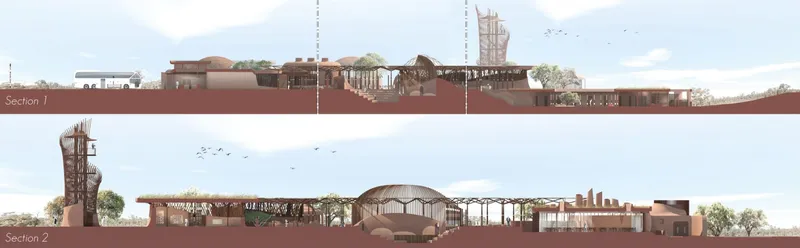 Section drawings showing two cut views through the building with vaulted spaces and tree canopies