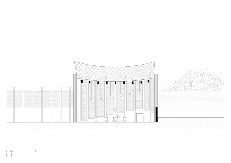 Section drawing showing the arched canopy roof over a space with vertical louvers and a seated figure