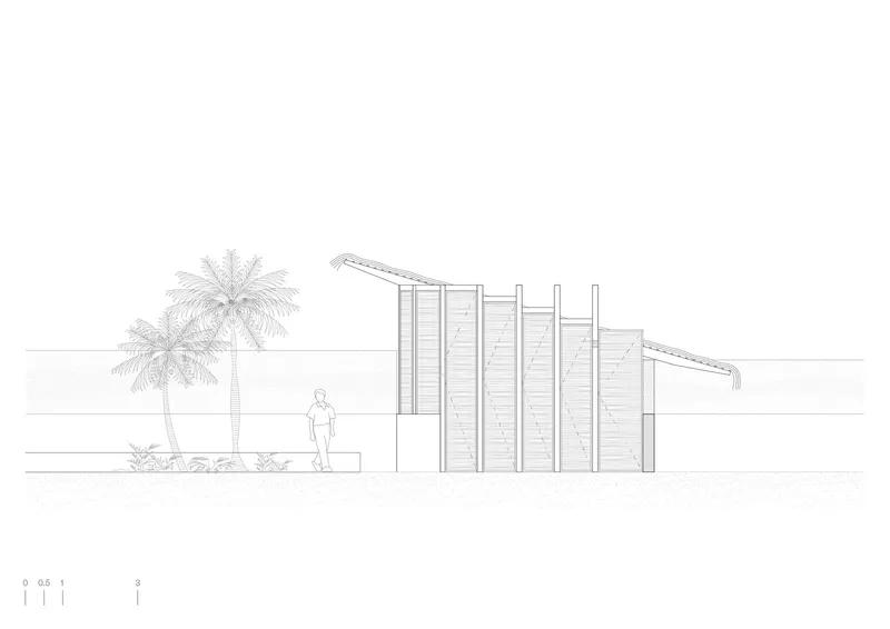 Elevation drawing depicting vertical louvered walls beneath angular roof forms with palm trees and a standing figure