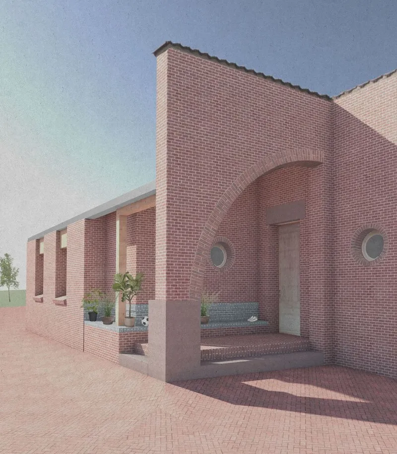 Exterior rendering of brick colonnade with arched recesses and patterned paving at dusk