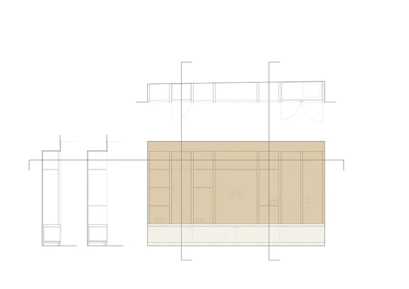 Plan drawing showing a timber-paneled volume with door configurations and adjacent spaces