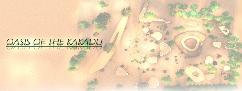 Aerial rendering of clustered organic-form pavilions scattered across a sandy desert landscape with sparse vegetation
