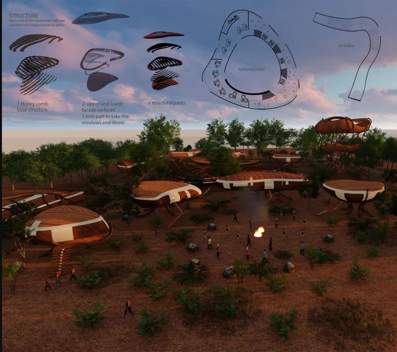 Evening view of the gathering center with structural diagrams and floor plan overlaid against the sunset sky