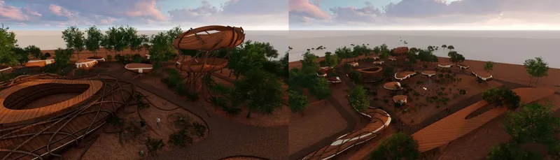 Panoramic rendering showing the complex of curved roof pavilions arranged among trees at dusk