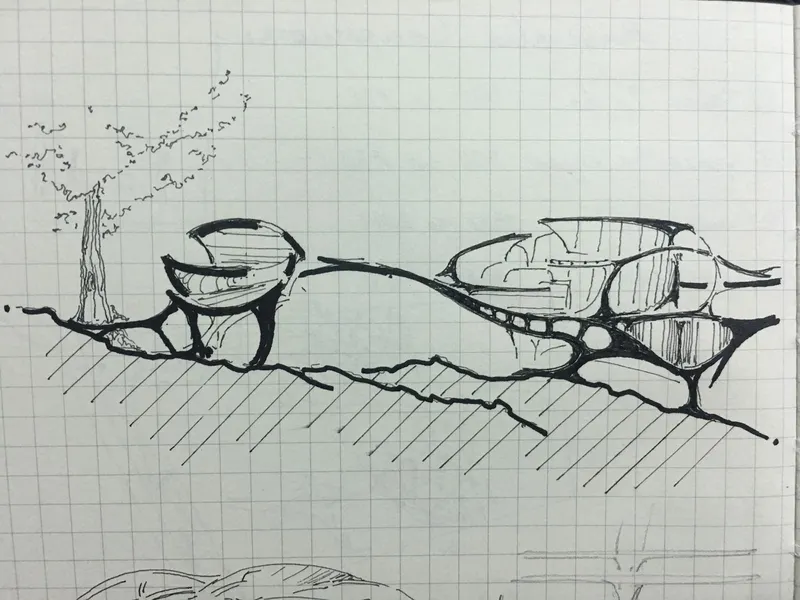Section sketch showing two pod-like structures with interior seating nestled into sloping terrain beside a tree