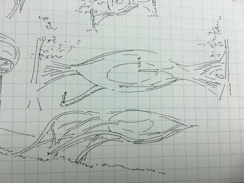 Sketch elevation on graph paper depicting fluid, layered roof forms rising from horizontal ground plane