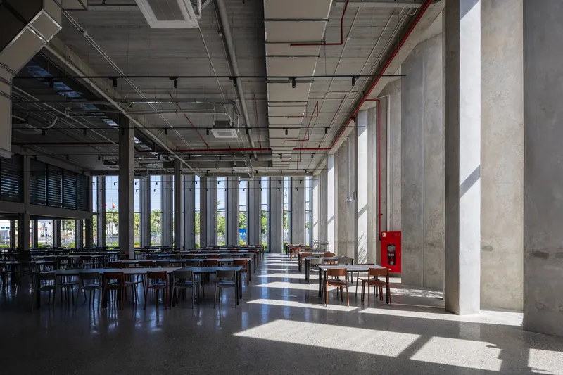 Interior dining hall with exposed concrete columns and sunlight streaming through the vertical fin facade