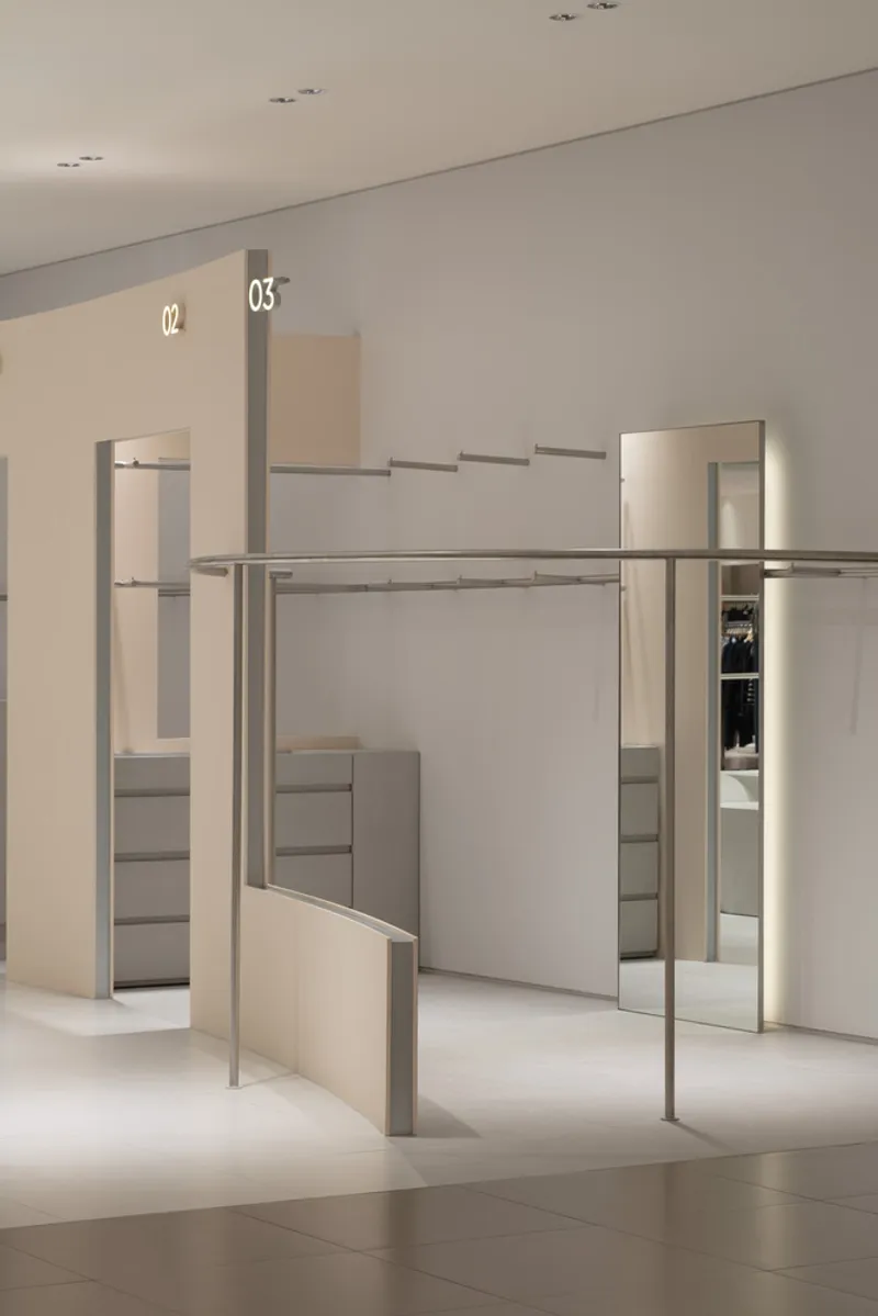 Freestanding metal clothing rack with numbered signage against pale wall panels
