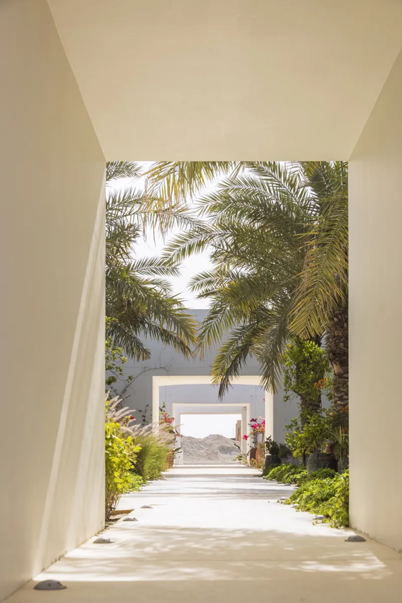 Vaulted passageway framing view of palm garden and distant courtyard opening in bright sunlight
