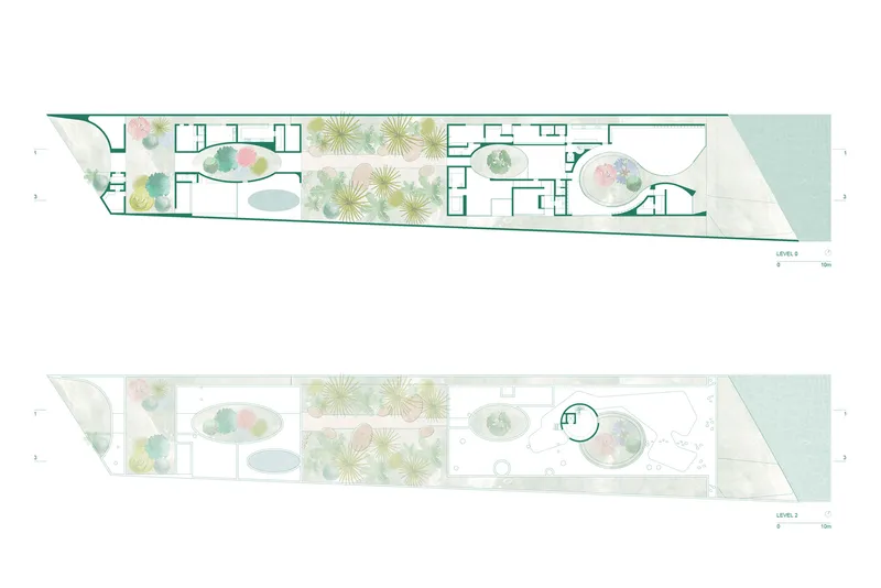Floor plan drawings of two levels showing rectangular volumes with internal courtyards and dense landscape planting
