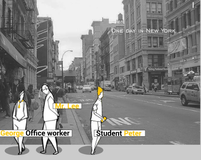 Street view flanked by masonry buildings with pedestrians crossing at the intersection