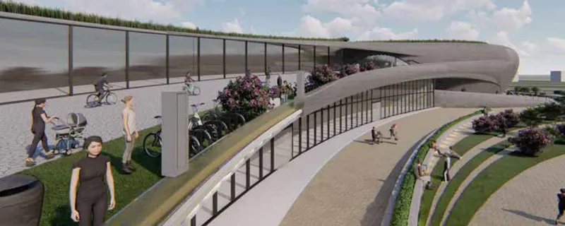 Rendering of a curved ramp with planted terraces and pedestrians under a partly cloudy sky