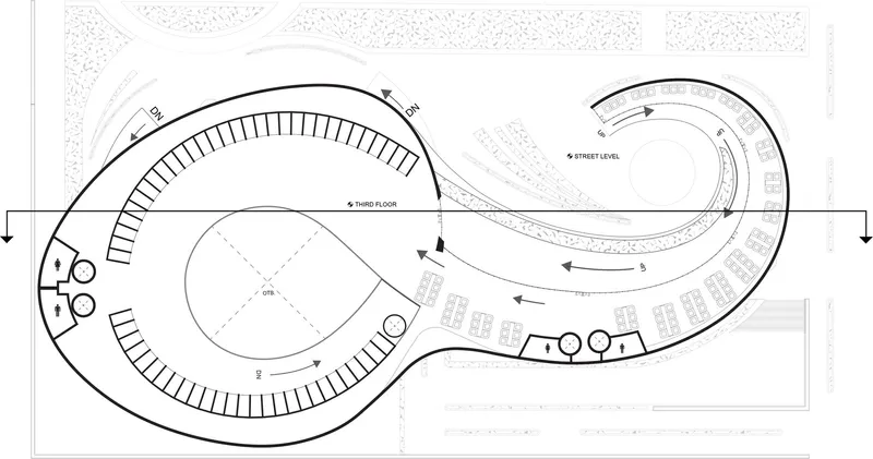Floor plan drawing showing the figure-eight circulation loop with parking zones and central spaces