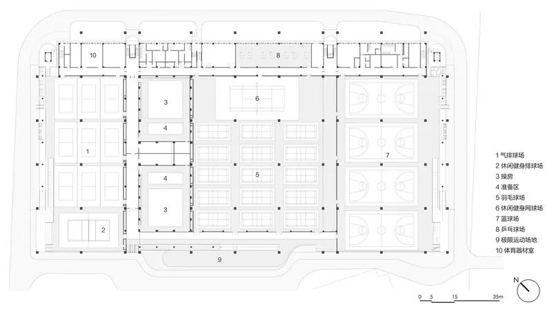 Floor plan drawing showing a sports complex with multiple basketball courts and training areas