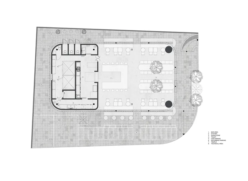 Floor plan drawing showing dining area with seating arrangements, enclosed service core and outdoor terrace with trees