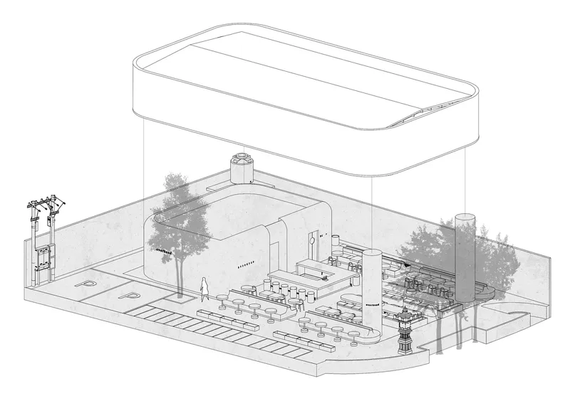 Axonometric drawing showing interior dining space with trees, furniture layout and floating roof canopy above