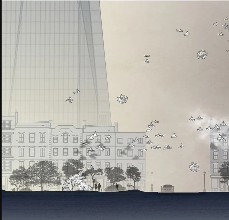 Elevation drawing showing a glazed tower rising behind historic rowhouses with illustrated boats and trees along the waterfront
