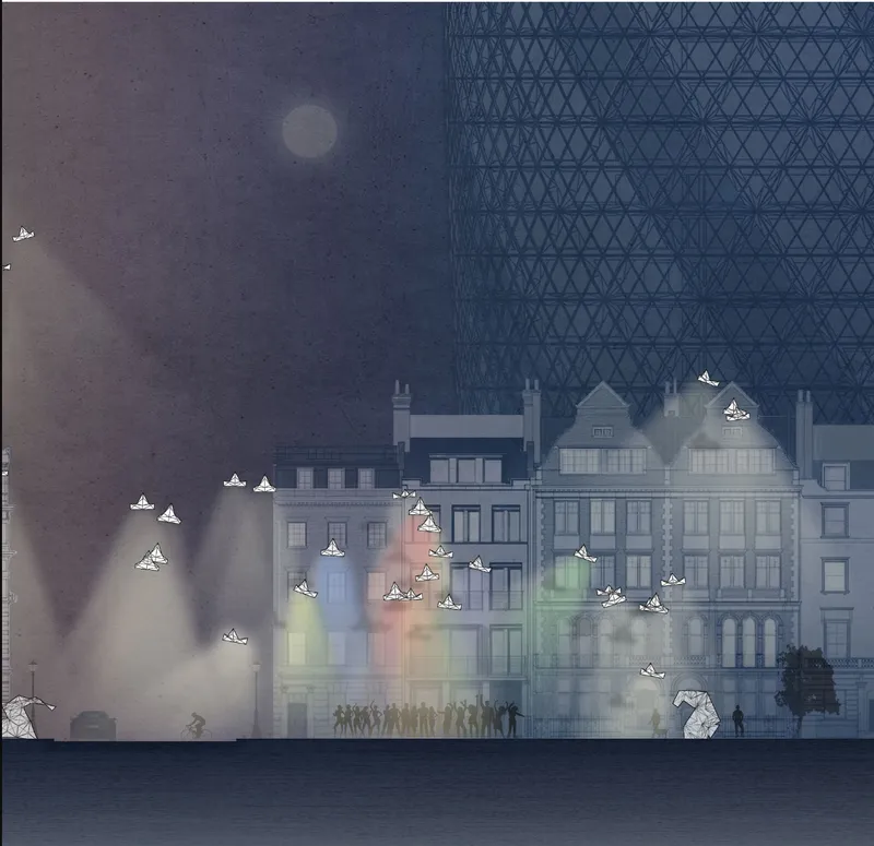 Section drawing depicting a diamond-patterned tower behind colorful illuminated rowhouses at night with a full moon