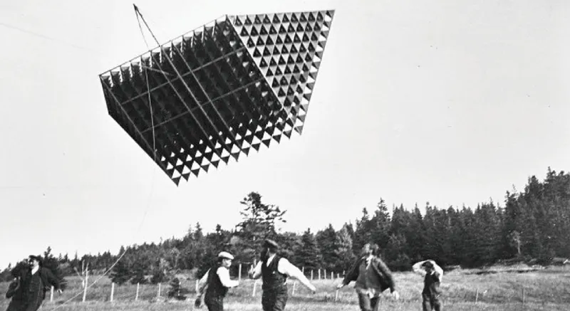 Axonometric drawing of a triangulated grid structure suspended above four figures in a field with evergreen trees