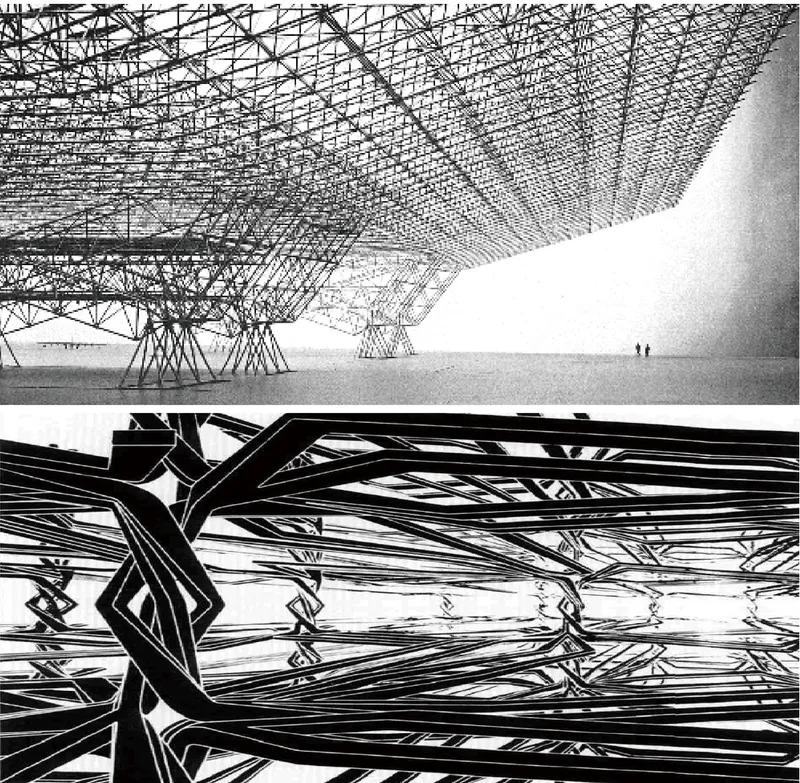 Rendered view of a branching lattice canopy supported by tree-like columns with two figures walking beneath