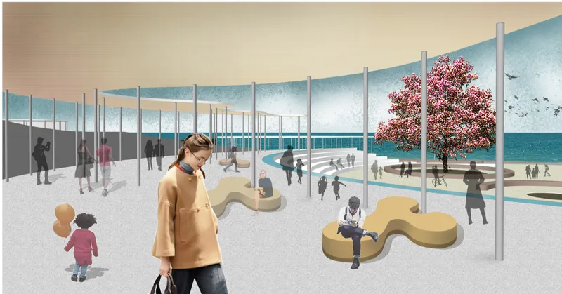 Interior view through slender columns with organic seating elements and seaside views beyond the glass perimeter