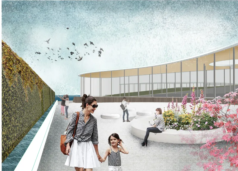 Rendered plaza with planted flower beds and a lightweight colonnade behind a woman and child with birds overhead