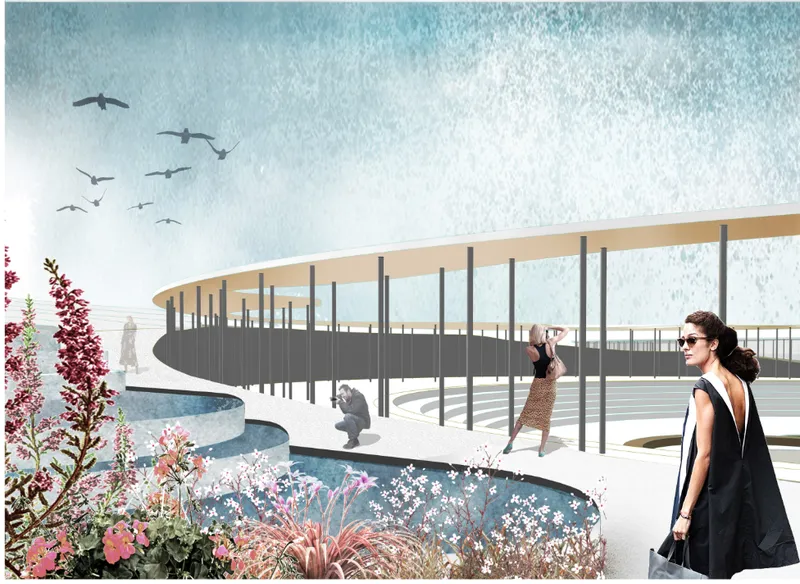 Rendering of an elevated walkway with slender columns and timber soffit overlooking a coastal landscape with planted beds