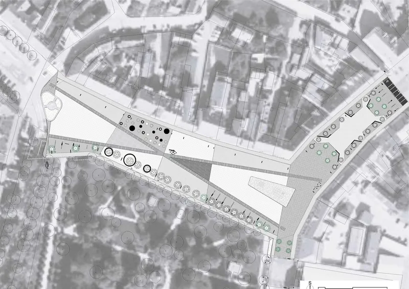 Site plan drawing overlaid on aerial photograph showing the angular plaza layout and surrounding urban fabric