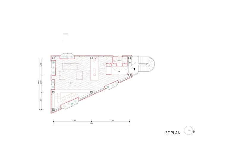 Third floor plan drawing showing the open interior space with a curved stair enclosure