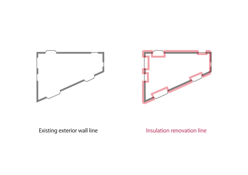 Diagram comparing existing exterior wall line to proposed insulation renovation line in plan view