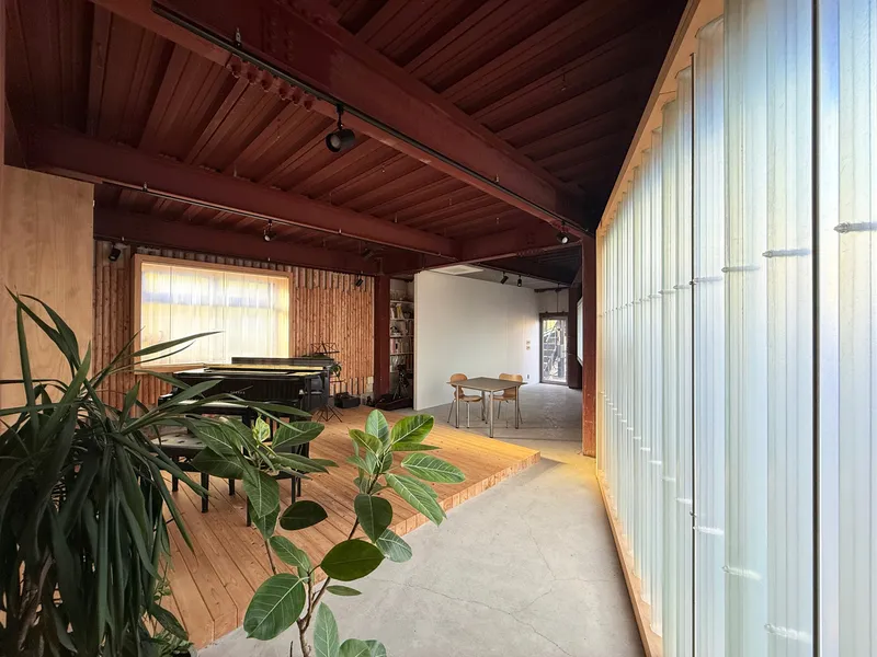Raised timber floor platform meeting terrazzo base with potted plants along the translucent wall