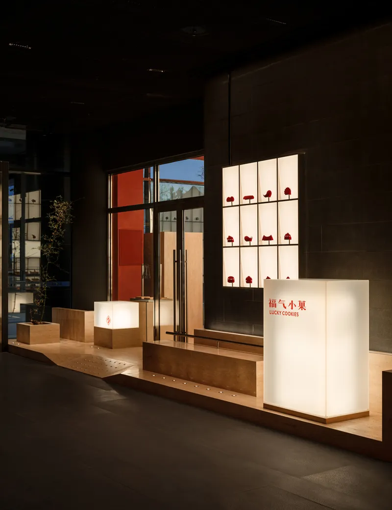 Interior storefront with backlit display wall, timber counter, and illuminated signage at night