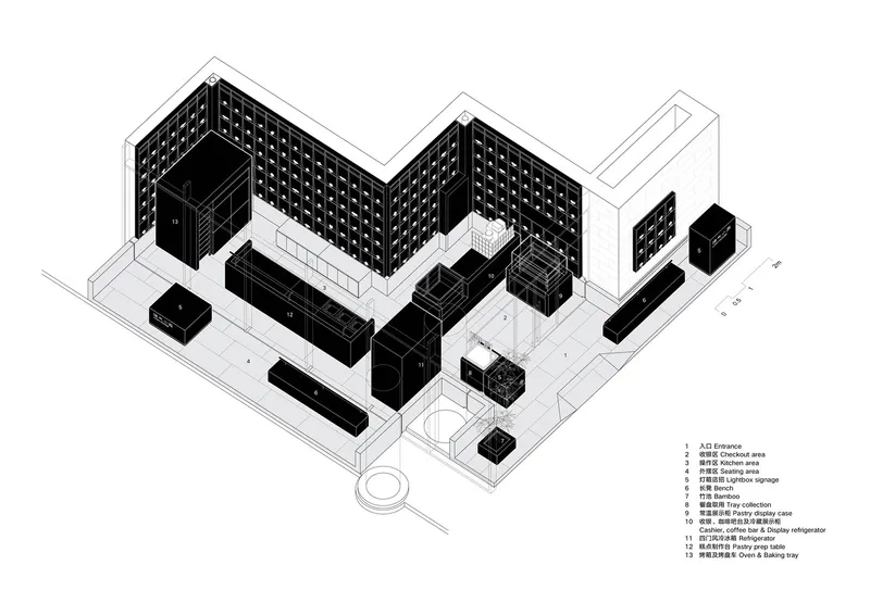 Axonometric drawing of an interior space with perforated walls, kitchen counter, and freestanding furniture volumes