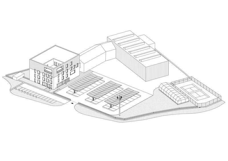 Axonometric drawing showing a building complex with courtyard and curved timber canopy