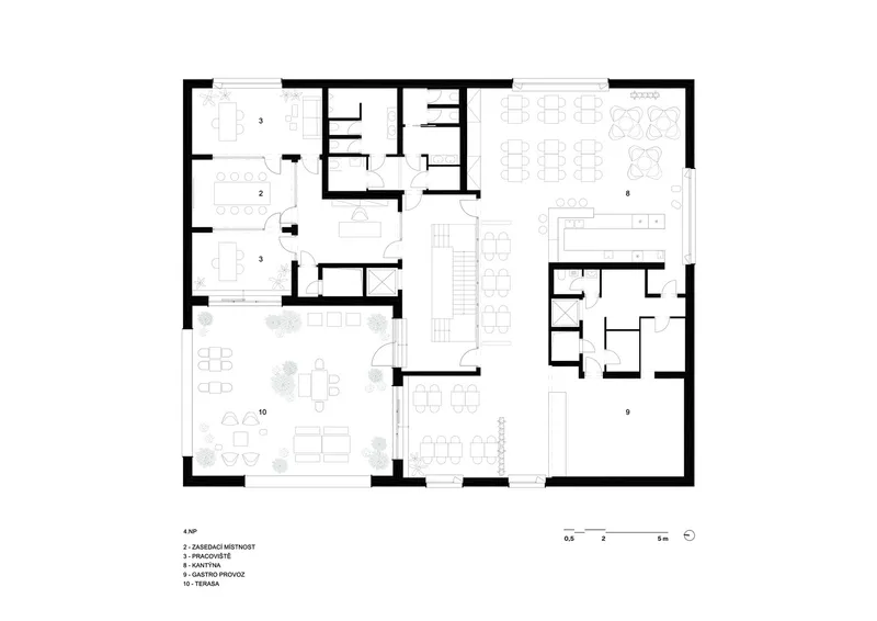 Floor plan drawing depicting an open workspace with a large terrace and central circulation core