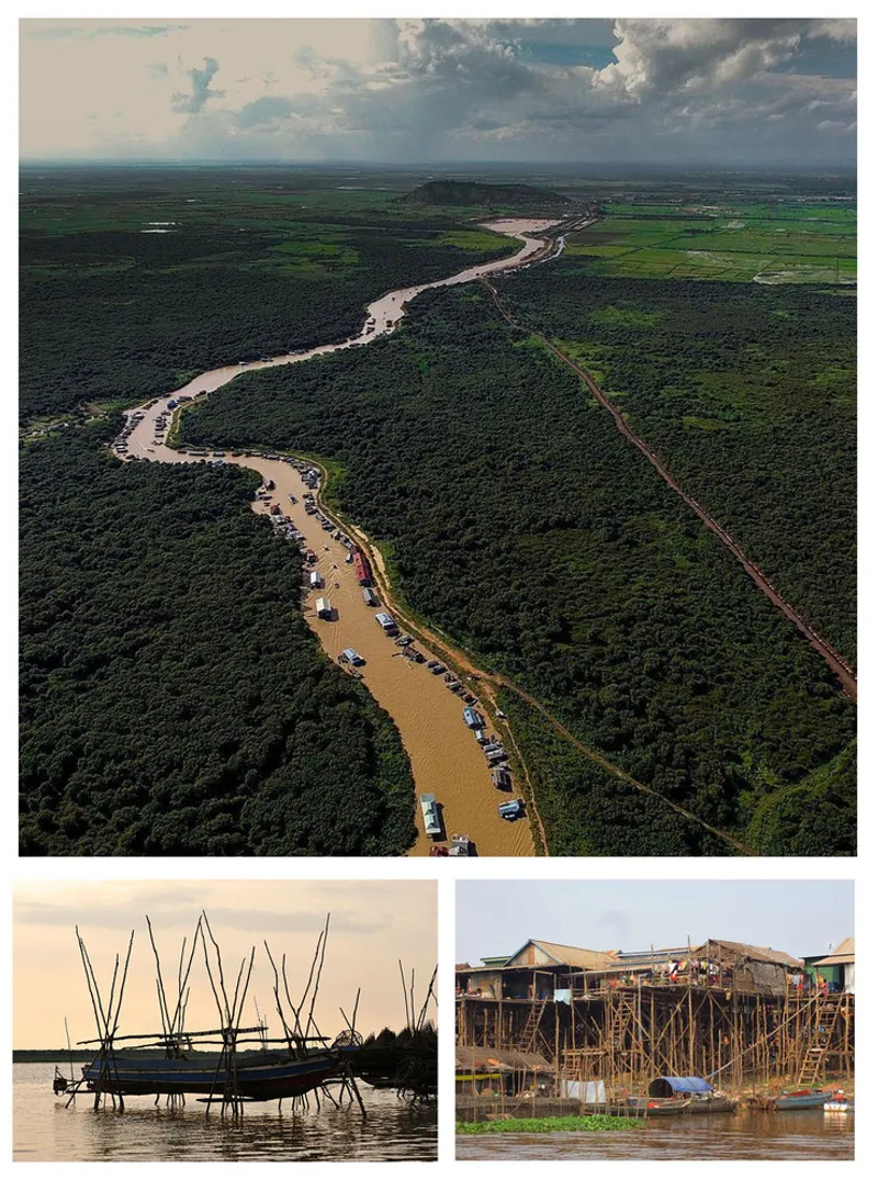 Aerial view of a meandering brown river cutting through dense forest under scattered clouds