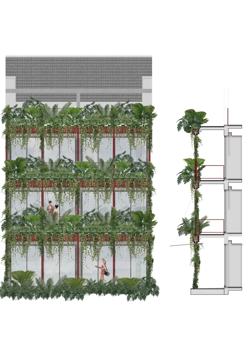Elevation and section drawings showing planted balconies with cascading vegetation on each floor