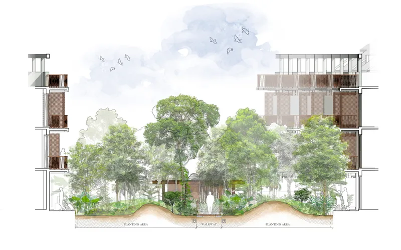 Section drawing showing twin residential towers flanking a planted walkway with mature trees and rooftop terraces