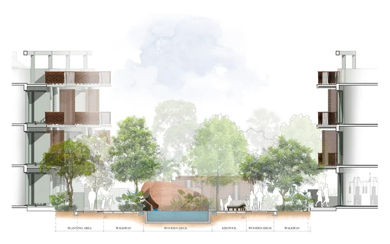 Section drawing depicting residential towers with a central kid pool and wooded deck between planted areas