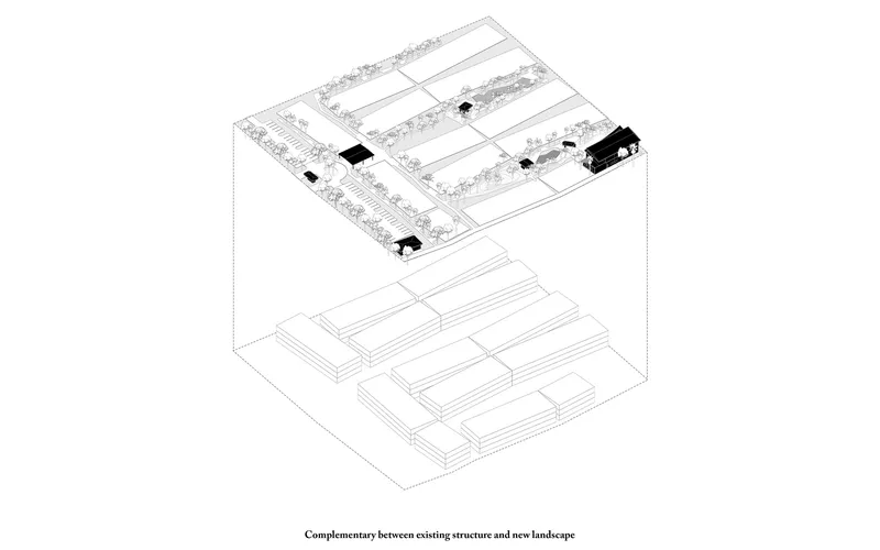 Axonometric drawing showing the relationship between existing grid structure and new landscape with scattered pavilions