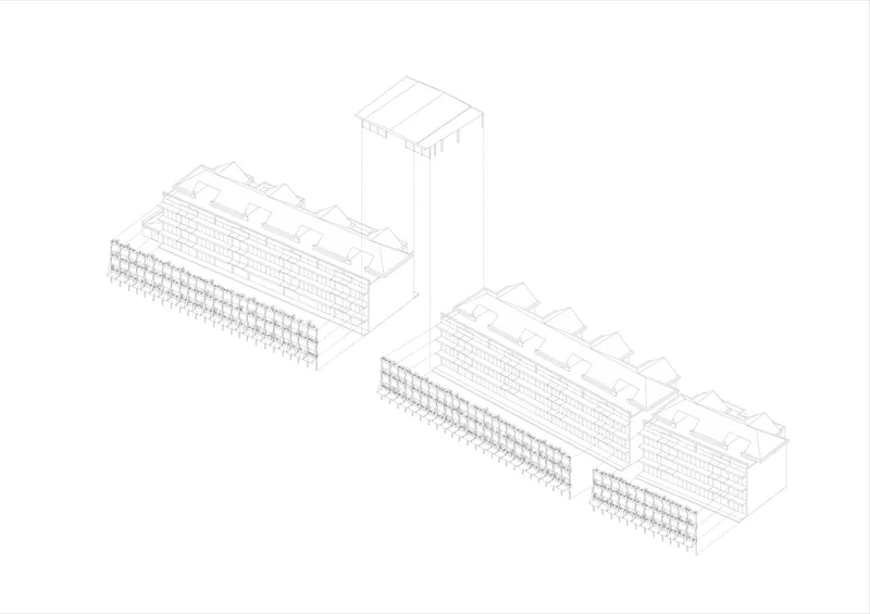 Isometric drawing of a linear residential block with sawtooth roof and repetitive louvered facade