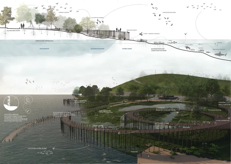 Section and axonometric drawings showing waterfront landscape zones with wetlands, pathways, and oyster habitat below water