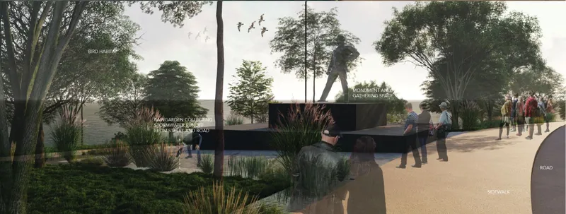 Wide rendered view of the monument and planted garden zones with visitors along the sidewalk at dusk