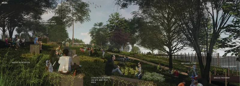 Panoramic rendered view of the terraced landscape with visitors seated on grass under scattered canopy trees