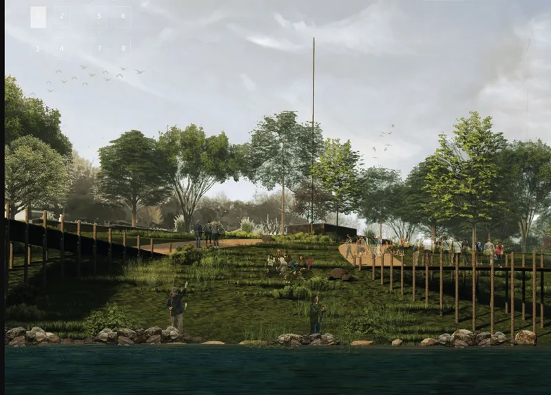 View from the water showing the terraced shoreline with timber pilings and visitors on the planted slopes