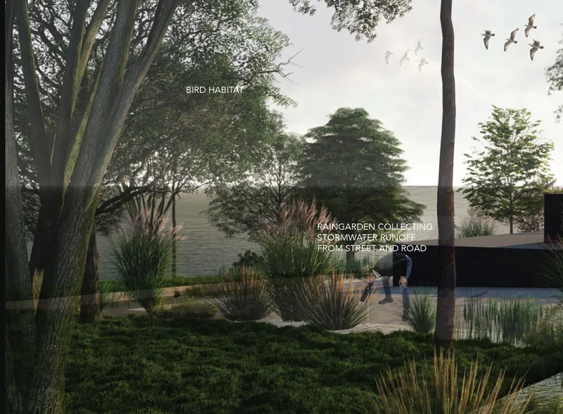 Landscape rendering showing a raingarden with native plantings and a pedestrian pathway alongside existing trees