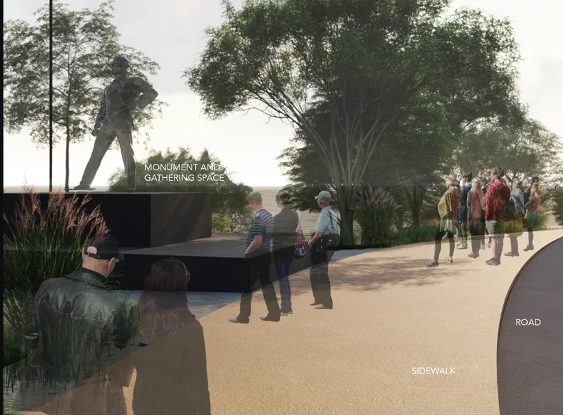 Rendered view of a monument plaza with visitors gathering under mature trees beside a paved sidewalk